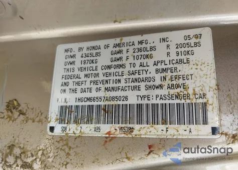 2007 Honda Accord 3.0 Ex из США, поврежденный, VIN 1HGCM66557A08502